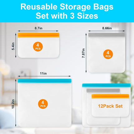 12 Pack Reusable Freezer Bags Dishwasher Safe, Leakproof Food Storage Bags, Silicone Bags for Food Storage Home Organization (4 Reusable Snack Bags 4 Sandwich Bags 4 Gallon Freezer Bags).