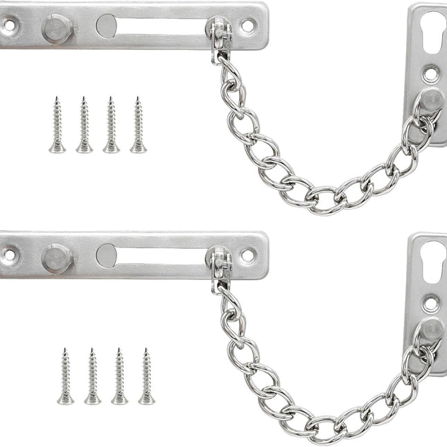 Heavy Duty Door Chain Lock with Mounting Screws, Stainless Steel Door Chain Guard for Front Doors, Pet Safe (Silver, 2 Pack).