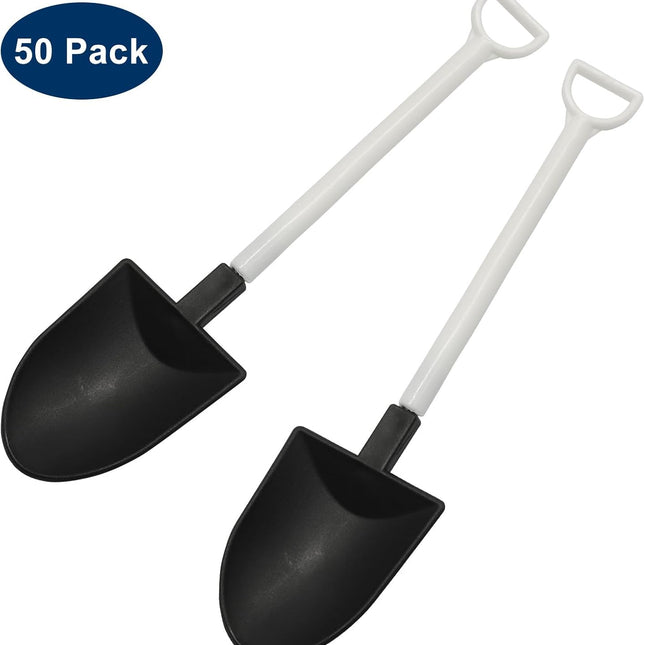 50 Pack Plastic Mini Shovel Shape Spoons for Desserts, Disposable Dessert Ice Cream Spoons, Fun Utensils for Family/Party(Black+White).