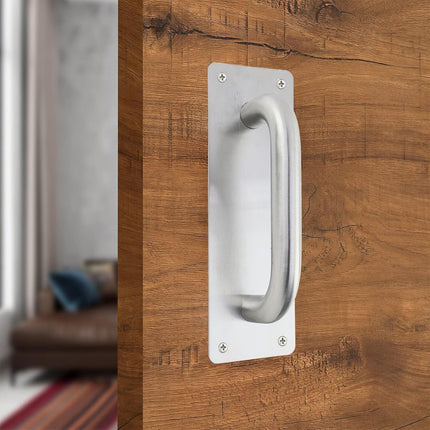 Door Pull Handle with Plate Stainess Steel Heavy Duty Barn Door Handle Push Pull Handles for Shed Commercial Gate, Silver, 7-7/8-inch x 2-9/16-inch.