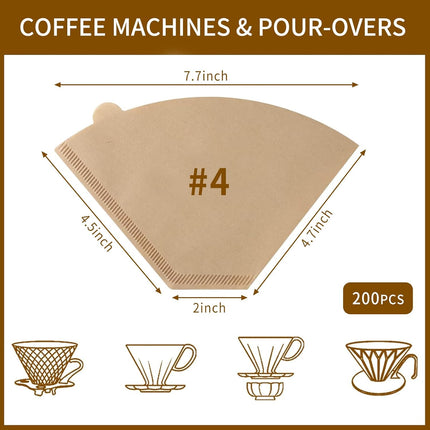 Coffee Filters #4，Cone Coffee Filter 8-12 Cup，200 Unbleached Natural Coffee Filters.
