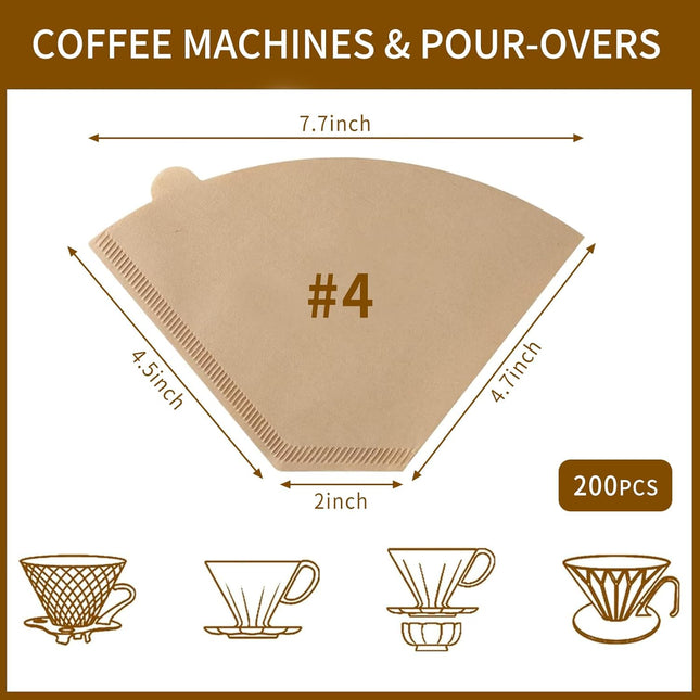 Coffee Filters #4，Cone Coffee Filter 8-12 Cup，200 Unbleached Natural Coffee Filters.