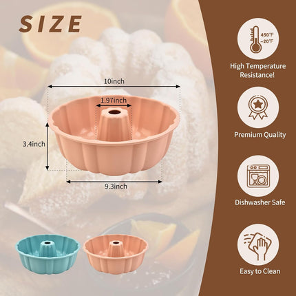 2 Pack Silicone Cake Pan Nonstick,10 Inch, Silicone Cake Molds,Pound Cake Pan, Baking Cake Pan for Jello,Gelatin,Cake,Brownie and Bread（Pink+Blue）.