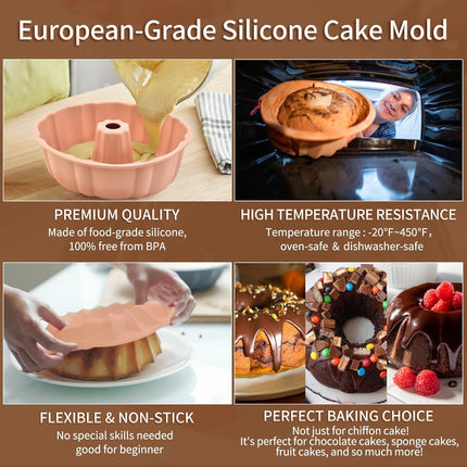 2 Pack Silicone Cake Pan Nonstick,10 Inch, Silicone Cake Molds,Pound Cake Pan, Baking Cake Pan for Jello,Gelatin,Cake,Brownie and Bread（Pink+Blue）.
