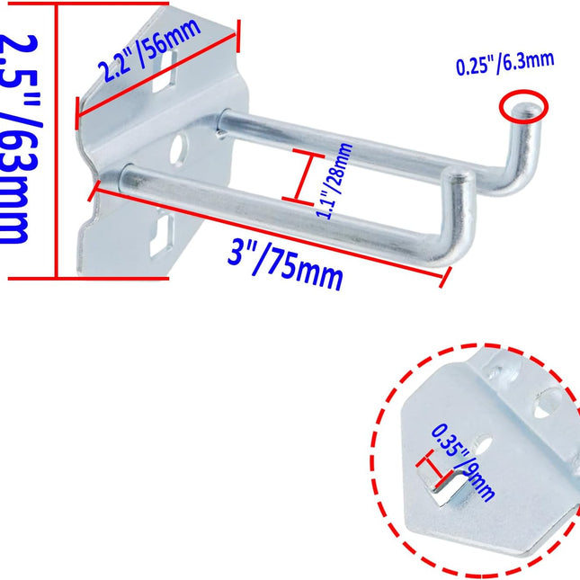 Pegboard Hooks Heavy Duty Metal Steel 3/8" Square Hole Peg Hooks Suitbale for 1.5" Spaced Pegboards Double Arm Wall Hooks for Organizing Tools in Home or Garage 3-inch Length -6pcs.