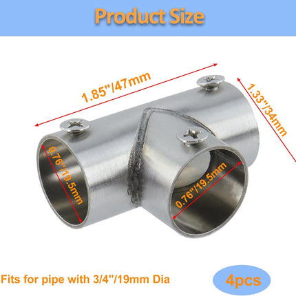 T Pipe Fitting Connector Fit 3/4-inch OD Pipe 3-Way Stainless Steel Rail Pipe Fittings for DIY Shelf Garden Support, Handrail-4pcs.