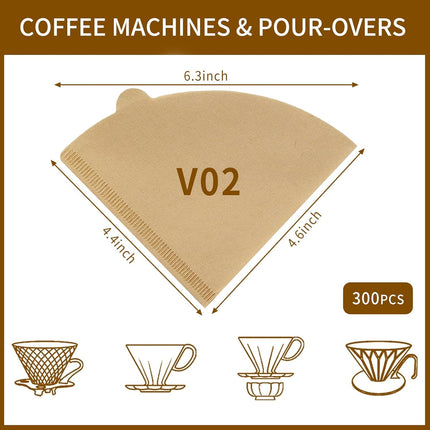 V60 Coffee Filters, 300 Count Size 02 Pour Over Coffee Filter, 1-4 Cups Disposable Cone Paper Coffee Filters 2， Compatible with Conical Shaped Dripper and Drip Coffee Maker (Natural).