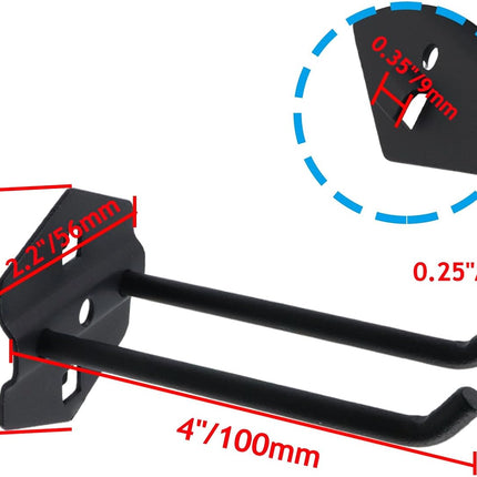Pegboard Hooks Heavy Duty Metal Steel 3/8" Square Hole Peg Hooks Suitbale for 1.5" Spaced Pegboards Double Arm Wall Hooks for Organizing Tools in Home or Garage 4-inch Long Black-2pcs.