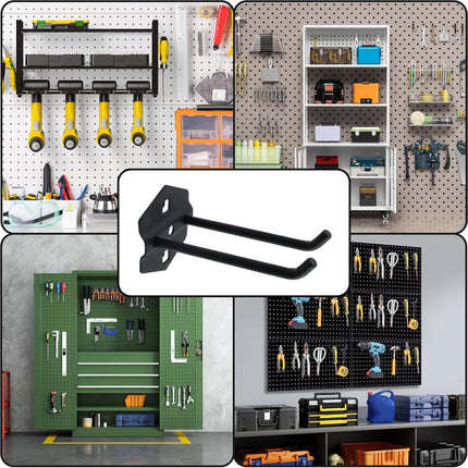 Pegboard Hooks Heavy Duty Metal Steel 3/8" Square Hole Peg Hooks Suitbale for 1.5" Spaced Pegboards Double Arm Wall Hooks for Organizing Tools in Home or Garage 4-inch Long Black-2pcs.