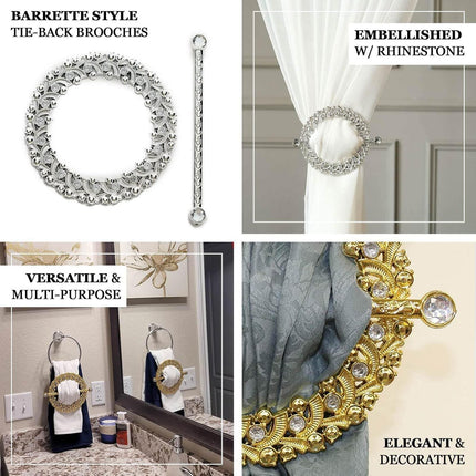Efavormart 2 Pack | 7" Gold Barrette Style Acrylic Crystal Curtain Tie Backs, Round Backdrop Drapery Brooch Holdbacks.