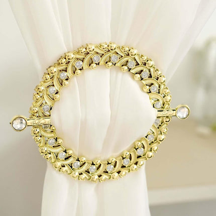 Efavormart 2 Pack | 7" Gold Barrette Style Acrylic Crystal Curtain Tie Backs, Round Backdrop Drapery Brooch Holdbacks.