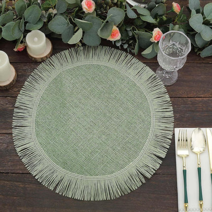 Efavormart 4 Pack | 16" Sage Green Jute Boho Chic Fringe Edge Table Placemats, Rustic Farmhouse Burlap Tassel Dining Table Mats.