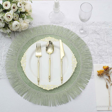 Efavormart 4 Pack | 16" Sage Green Jute Boho Chic Fringe Edge Table Placemats, Rustic Farmhouse Burlap Tassel Dining Table Mats.