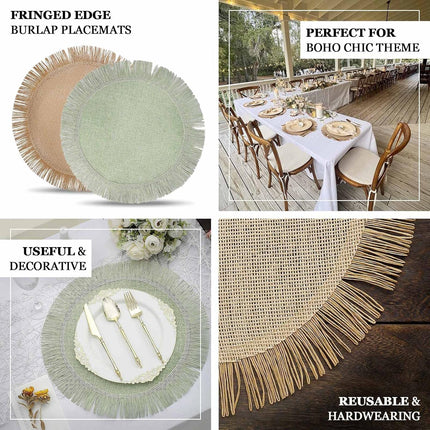 Efavormart 4 Pack | 16" Sage Green Jute Boho Chic Fringe Edge Table Placemats, Rustic Farmhouse Burlap Tassel Dining Table Mats.