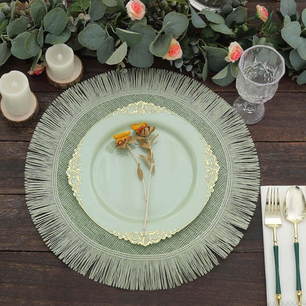 Efavormart 4 Pack | 16" Sage Green Jute Boho Chic Fringe Edge Table Placemats, Rustic Farmhouse Burlap Tassel Dining Table Mats.