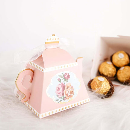 Efavormart 25 Pack 4" Mini Teapot Favor Boxes with Ribbon, Dusty Rose Cardstock Tea Time Gift Containers for Weddings, Birthdays, Bridal Showers, and Event Decoration.