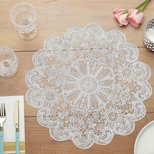 Efavormart 6 Pack 15" White Vintage Floral Vinyl Placemats - Non-Slip Round Metallic Lace Cutout Dining Mats for Wedding Events and Birthday Party Decor.