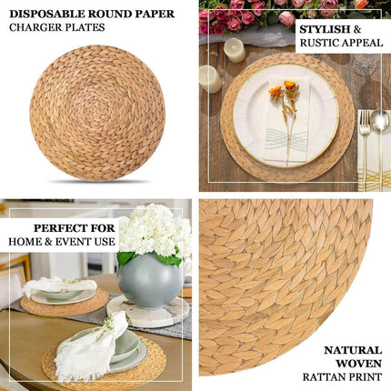 Efavormart 6 Pack | 13" Natural Woven Rattan Design Disposable Serving Trays, Round Paper Charger Plates.