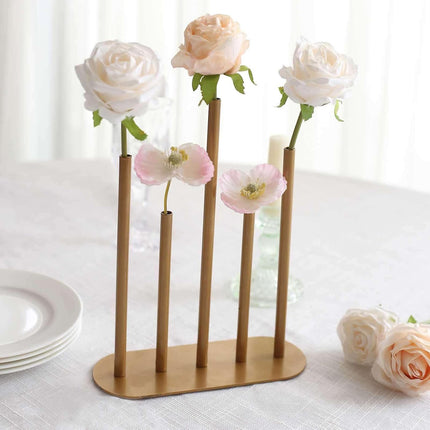Efavormart Gold Metal Minimalist Bud Vase Centerpiece, 5-Tubes Single Stem Flower Vase - 10" Tall.
