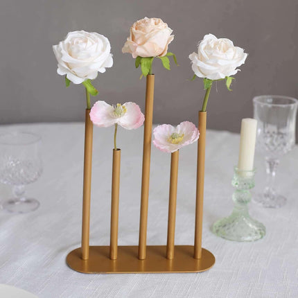 Efavormart Gold Metal Minimalist Bud Vase Centerpiece, 5-Tubes Single Stem Flower Vase - 10" Tall.