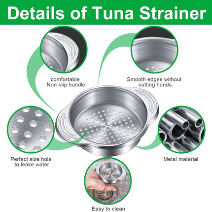 1 Piece Tuna Can Strainer Stainless Steel Food Strainer Sieve Metal Press Lid Canning Colander Oil Drainer Tuna Filter for Beans Vegetables.