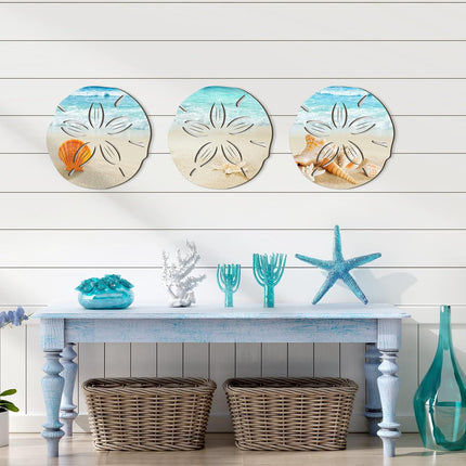3 Pcs Summer Coastal Wall Decor Bathroom Beach Blue Wall Art Sea Turtle Surfboard Seahorse Starfish Seashell Conches Crabs Sea Life Decor for Bedroom Home (Sand Dollar Style).