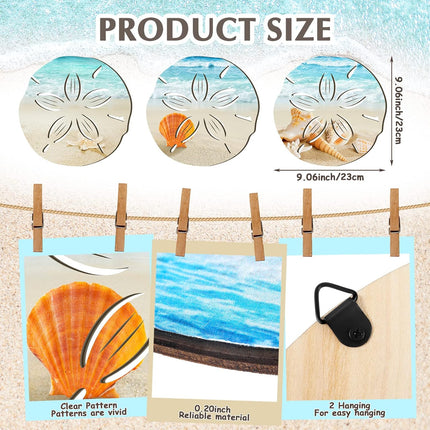3 Pcs Summer Coastal Wall Decor Bathroom Beach Blue Wall Art Sea Turtle Surfboard Seahorse Starfish Seashell Conches Crabs Sea Life Decor for Bedroom Home (Sand Dollar Style).
