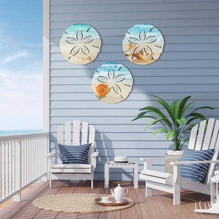 3 Pcs Summer Coastal Wall Decor Bathroom Beach Blue Wall Art Sea Turtle Surfboard Seahorse Starfish Seashell Conches Crabs Sea Life Decor for Bedroom Home (Sand Dollar Style).
