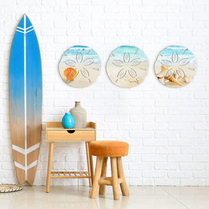 3 Pcs Summer Coastal Wall Decor Bathroom Beach Blue Wall Art Sea Turtle Surfboard Seahorse Starfish Seashell Conches Crabs Sea Life Decor for Bedroom Home (Sand Dollar Style).