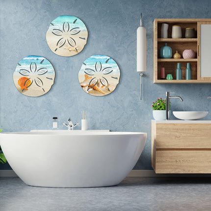 3 Pcs Summer Coastal Wall Decor Bathroom Beach Blue Wall Art Sea Turtle Surfboard Seahorse Starfish Seashell Conches Crabs Sea Life Decor for Bedroom Home (Sand Dollar Style).