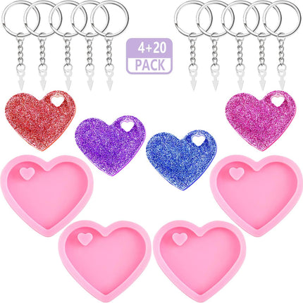 4 Pieces Heart Resin Keychain Molds for Epoxy Resin Easter Mother's Day Silicone Fondant Molds Love Keychain Gift with 20 Pieces Key Rings for DIY Decoration, Homemade Dessert.
