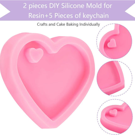 4 Pieces Heart Resin Keychain Molds for Epoxy Resin Easter Mother's Day Silicone Fondant Molds Love Keychain Gift with 20 Pieces Key Rings for DIY Decoration, Homemade Dessert.
