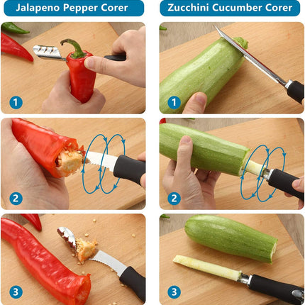 2 Pieces Jalapeno Pepper Corer Zucchini Cucumber Corer Remover with Serrated Slice and Rubber Handle Seed Remover or Slice Off Vegetables Tops for Kitchen.
