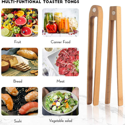 2 Pieces 8.7 Inch Wooden Toaster Tongs with Magnet Magnetic Bamboo Wood Toast Natural Bamboo Kitchen Utensil Accessories for Cooking Bagel Cake Muffin Bread.