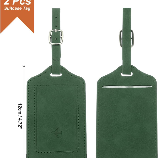 2 Pcs Suitcase Tags, Green Leather Luggage Name Tags Travel Accessories Airplane Travel Essentials for Flying Hotel Check in Luggage Bags Men Women, 4.72 x 2.76 x 0.08.