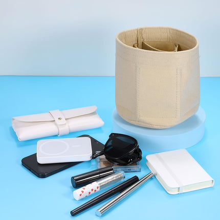 Purse Organizer Insert, Portable Felt Organizer Bags Round Multiple Compartments Purse Liner for Bucket Bag, Domed Satchel, Tote Bag, Handbag Shaper (8" x 4" x 5.5", Beige).
