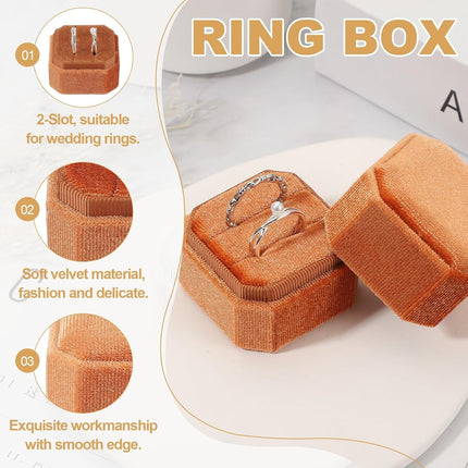 Velvet Ring Box, 2 Slot Square Wedding Ring Display Holder Box Jewelry Ring Gift Case for Wedding Ceremony Proposal Engagement, Orange.