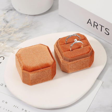 Velvet Ring Box, 2 Slot Square Wedding Ring Display Holder Box Jewelry Ring Gift Case for Wedding Ceremony Proposal Engagement, Orange.