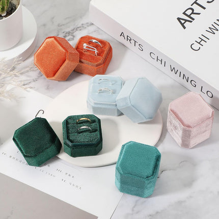 Velvet Ring Box, 2 Slot Square Wedding Ring Display Holder Box Jewelry Ring Gift Case for Wedding Ceremony Proposal Engagement, Orange.