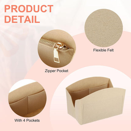 Purse Organizer Insert, Portable Felt Organizer Bags with Metal Zipper Multiple Compartments Purse Liner for Domed Satchel, Tote Bag, Handbag Shaper (8" x 4" x 5.5", Beige).