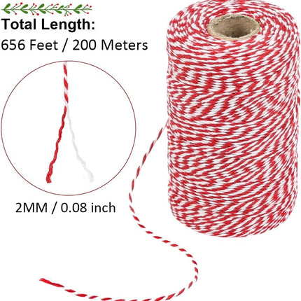 Red and White Twine, 656 Feet 200m Cotton Bakers Twine Ribbon for Baking, Butchers, Crafts, Gift Wrapping, Christmas Holiday Decorations.