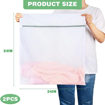 Durable Honeycomb Mesh Laundry Bags, 2 XX-Large 24in x 24in Washing Delicate Bags with Colorful Zipper for Huge Clothes, Curtain, Coverlet, Carpet.