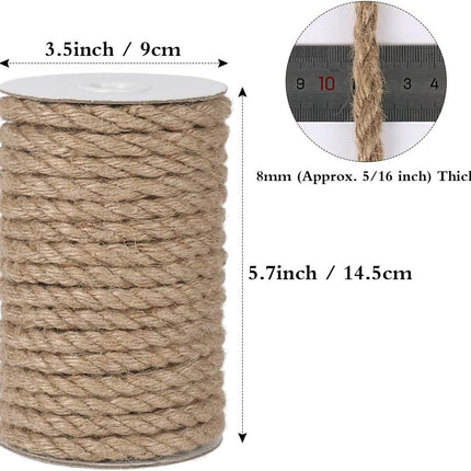 8mm Jute Rope, 50 Feet Heavy Duty and Thick Twine Rope for Crafts, Gardening, Cat Scratching Post, Home Decor.