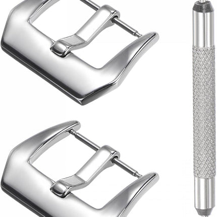 Watch Strap Clasp Replacement Set, Stainless Steel Polished PVD Buckle, Silver Tone for 22mm Width Watch Bands with Spring Bar Remover.
