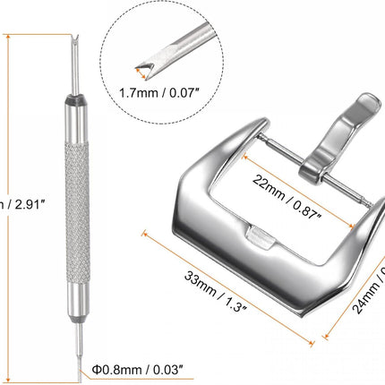 Watch Strap Clasp Replacement Set, Stainless Steel Polished PVD Buckle, Silver Tone for 22mm Width Watch Bands with Spring Bar Remover.
