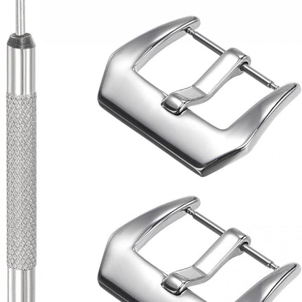 Watch Strap Clasp Replacement Set, Stainless Steel Polished PVD Buckle, Silver Tone for 22mm Width Watch Bands with Spring Bar Remover.
