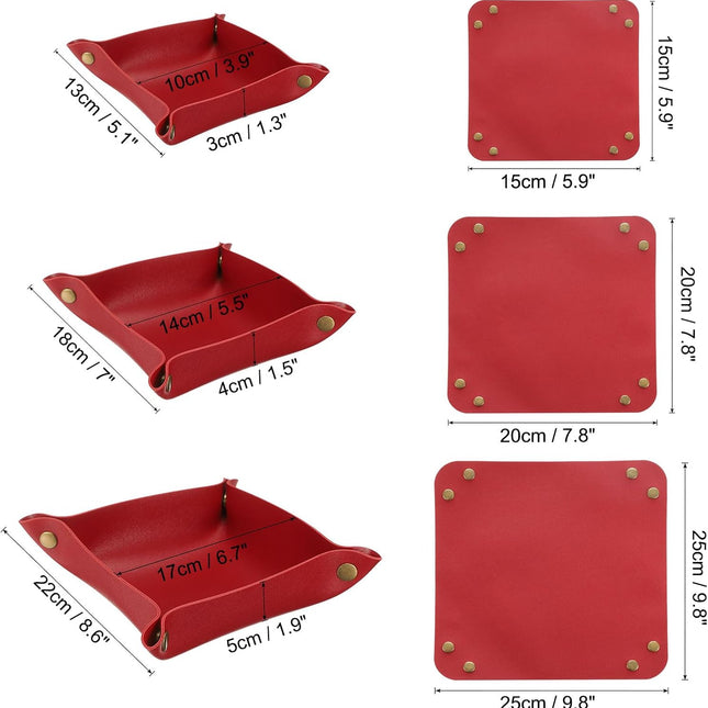3 Pack PU Leather Tray, Jewelry Tray for Women and Men, Glossy Leather Desk Organizer Portable Catchall Tray for Jewelry Key Coin Watch Wallet, Red.