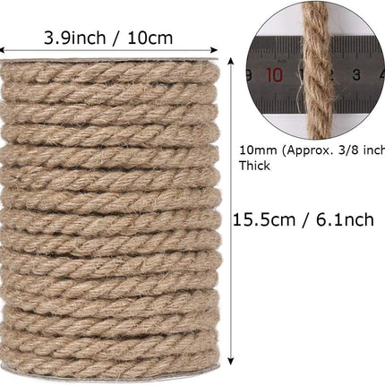 10mm Jute Rope, 50 Feet 3/8 inch Heavy Duty and Thick Twine Decorative Rope for Crafting, Cat Scratch Post, Gardening, Farmhouse Decor, Home Decor.