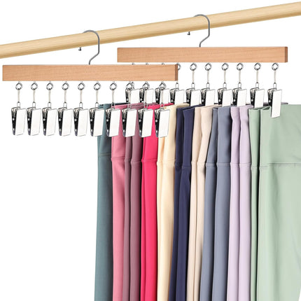 2 Pack Legging Hangers for Closet, Wooden Legging Hanger for Closet Organizer with 20 Upgraded Clips Holds 20 Leggings, 360° Rotatable Space Saving Yoga Pants Hanger for Socks, Shorts, Natural.