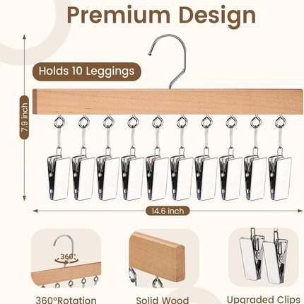 2 Pack Legging Hangers for Closet, Wooden Legging Hanger for Closet Organizer with 20 Upgraded Clips Holds 20 Leggings, 360° Rotatable Space Saving Yoga Pants Hanger for Socks, Shorts, Natural.